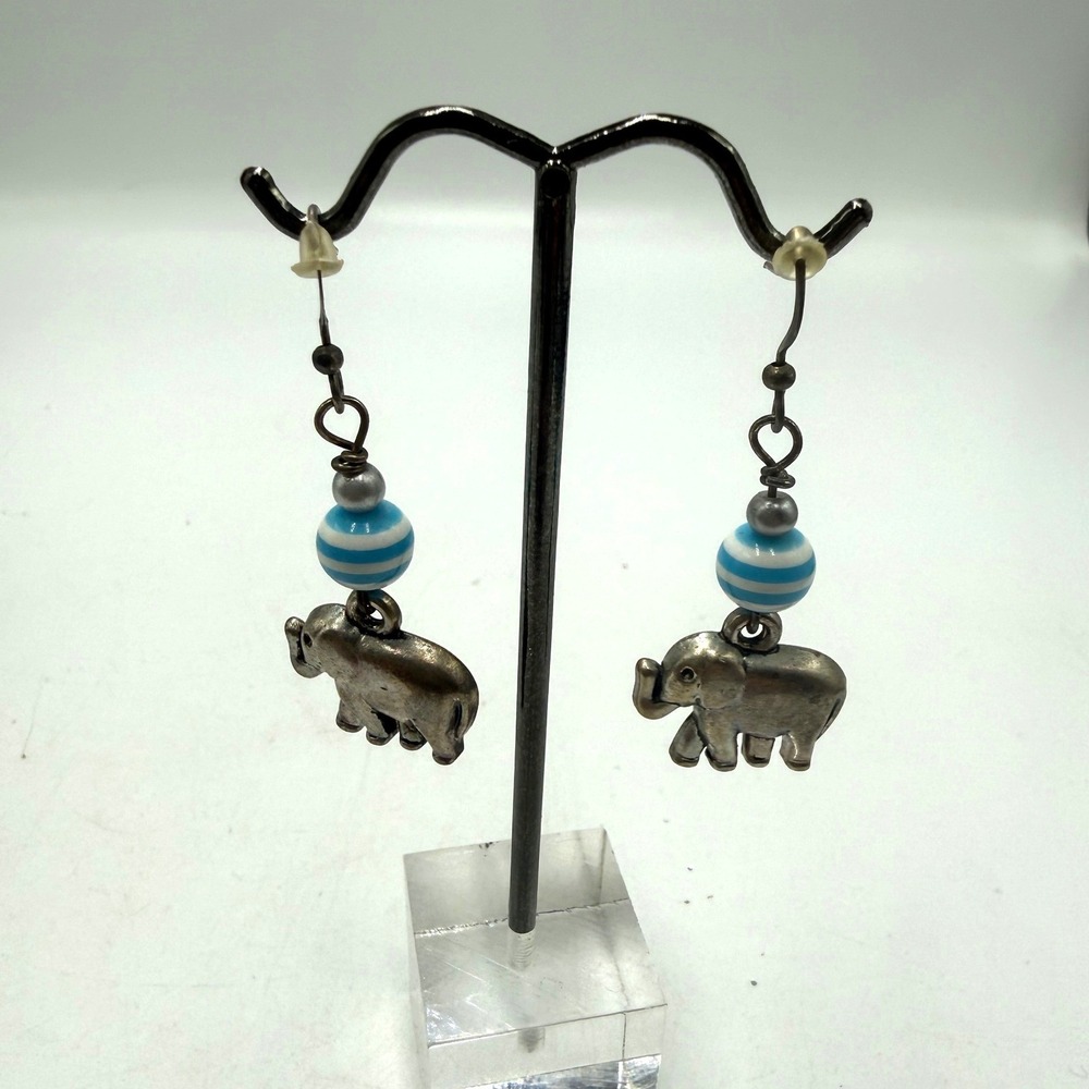 Silver Tone Elephant Dangle Earrings Blue White Striped Bead Boho Charms